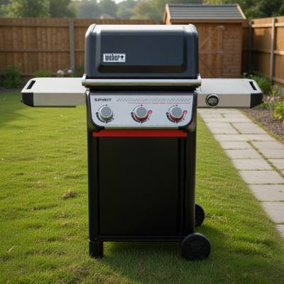 Black Weber Spirit gas grill, lid closed, on a mown lawn beside a paved path, wooden fence and shed behind
