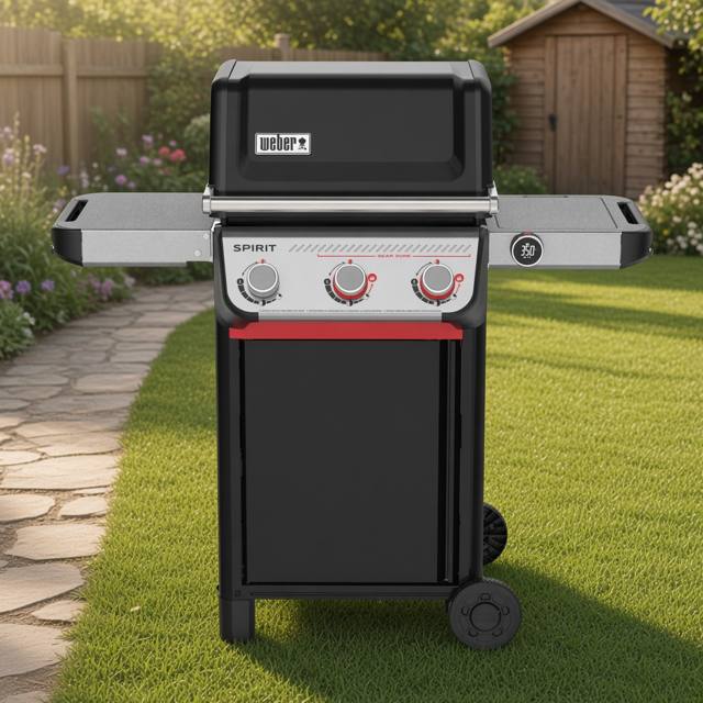Black Weber Spirit gas grill, lid closed, on a mown lawn beside a paved path, wooden fence and shed behind