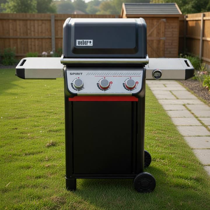 Black Weber Spirit gas grill, lid closed, on a mown lawn beside a paved path, wooden fence and shed behind