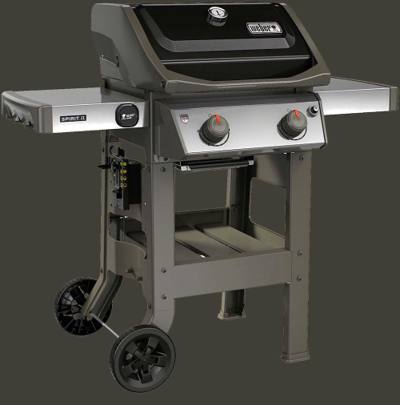 Weber Spirit II E-210 seen from the front left, black lid closed, both side shelves out and two wheels on the cart