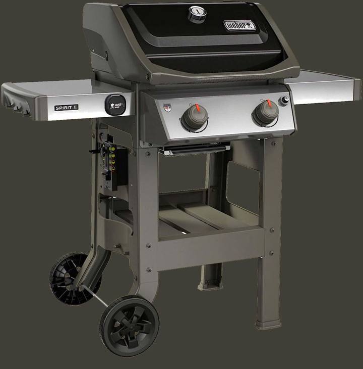 Weber Spirit II E-210 seen from the front left, black lid closed, both side shelves out and two wheels on the cart