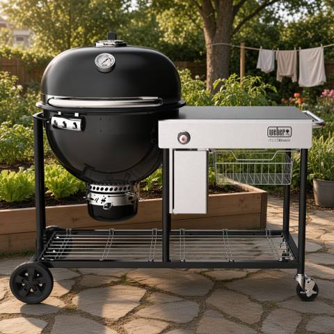 Weber Summit Kamado S6: black kamado bowl at one end of a black cart, stainless worktop filling the rest