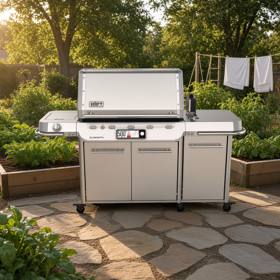 Stainless Weber Summit cart, lid down and control panel lit, on flagstones beside a raised vegetable bed