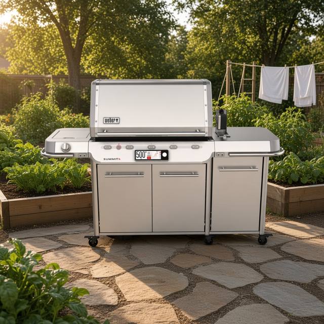 Stainless Weber Summit cart, lid down and control panel lit, on flagstones beside a raised vegetable bed