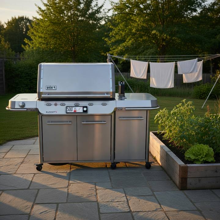 Stainless Weber Summit cart, lid down and control panel lit, on flagstones beside a raised vegetable bed