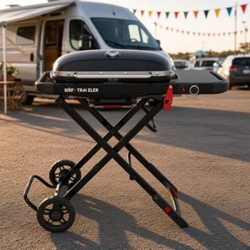 Weber Traveler portable gas grill standing on its folding frame behind a van, lid closed and side table out