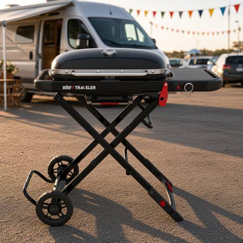 Weber Traveler portable gas grill standing on its folding frame behind a van, lid closed and side table out